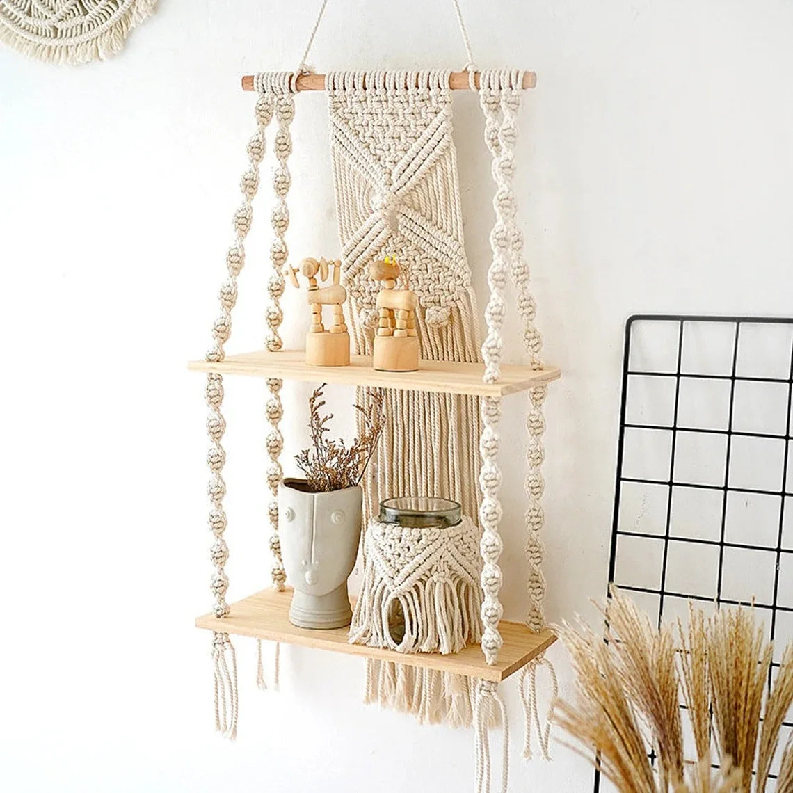 🌿🧺 Boho Macramé Wall Shelf – Handwoven Hanging Wooden Display Shelf