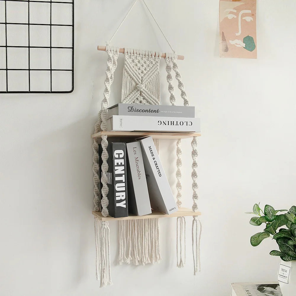 🌿🧺 Boho Macramé Wall Shelf – Handwoven Hanging Wooden Display Shelf