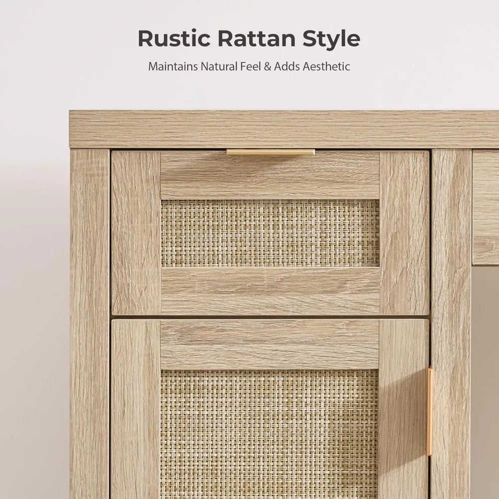 🤍✨ Boho Rattan Makeup Vanity Desk – Farmhouse Dressing Table with Storage
