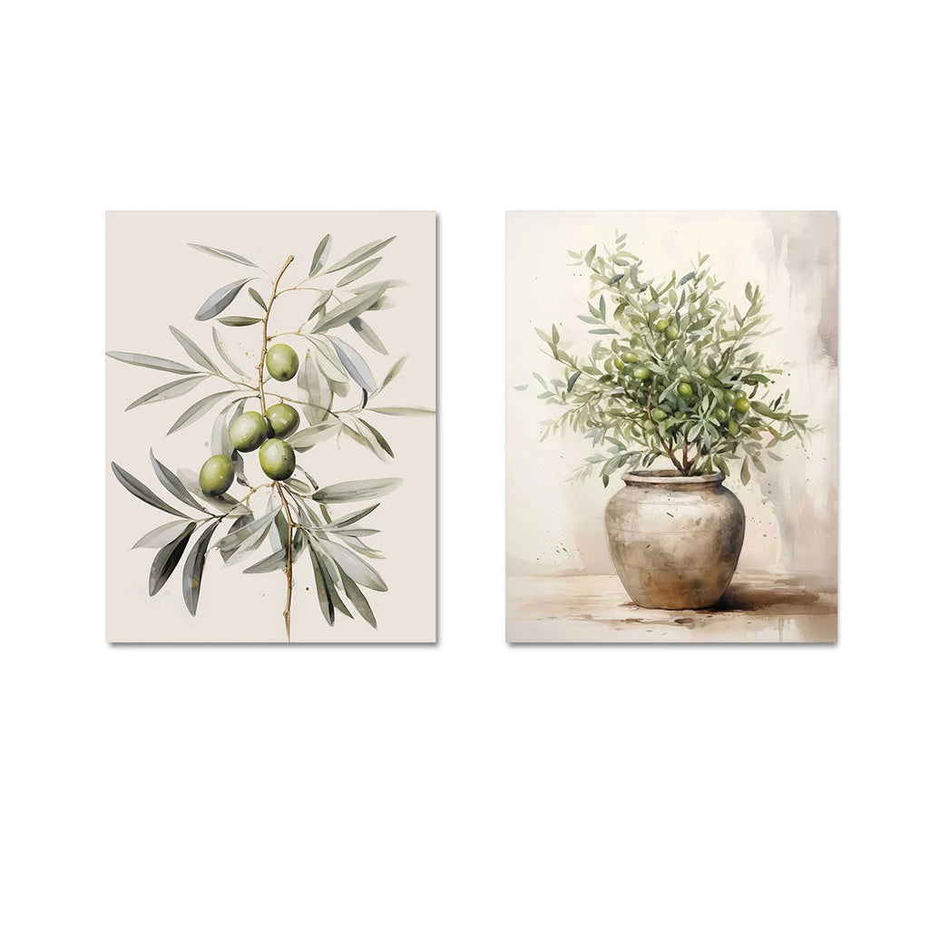 🌿🫒🤍 Boho Olive Branch Canvas Wall Art – Vintage Botanical Print Set (Set of 2)