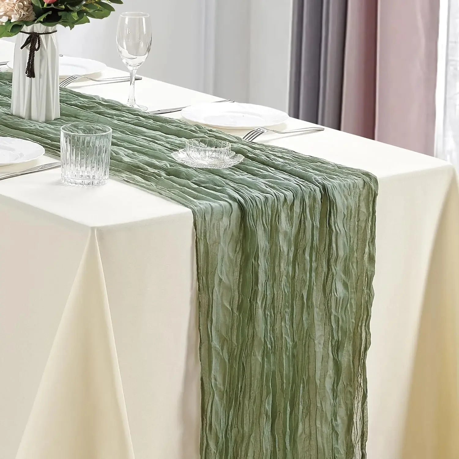 🤍🌾 Boho Cheesecloth Table Runner Set – Rustic Gauze Table Décor (10 Pieces)