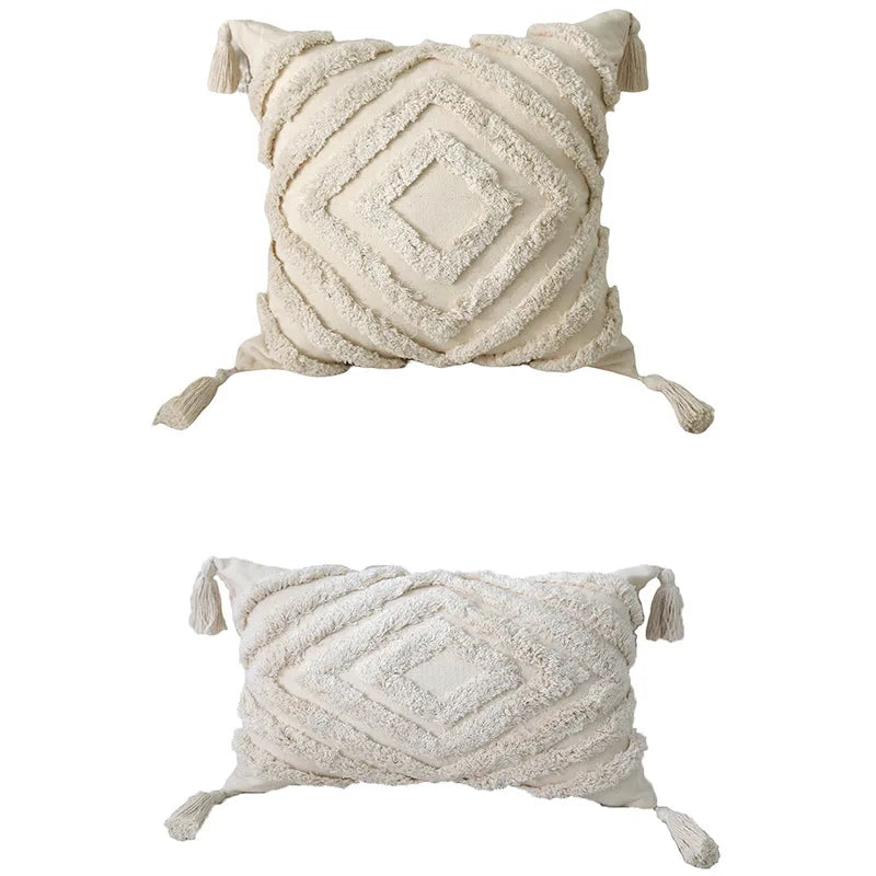 🌿🤍 Boho Tufted Lumbar Pillow Cover – Moroccan Embroidered Accent Cushion