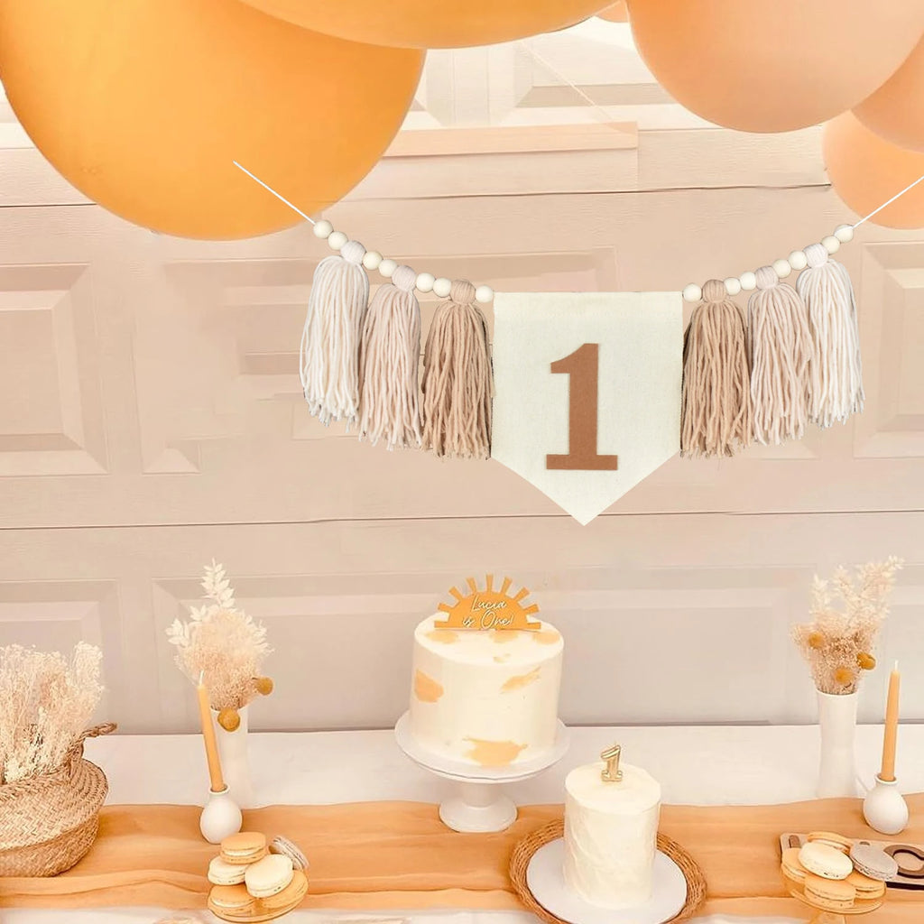 🎉🤍🌿 Boho First Birthday High Chair Banner – Wooden Bead & Tassel Garland