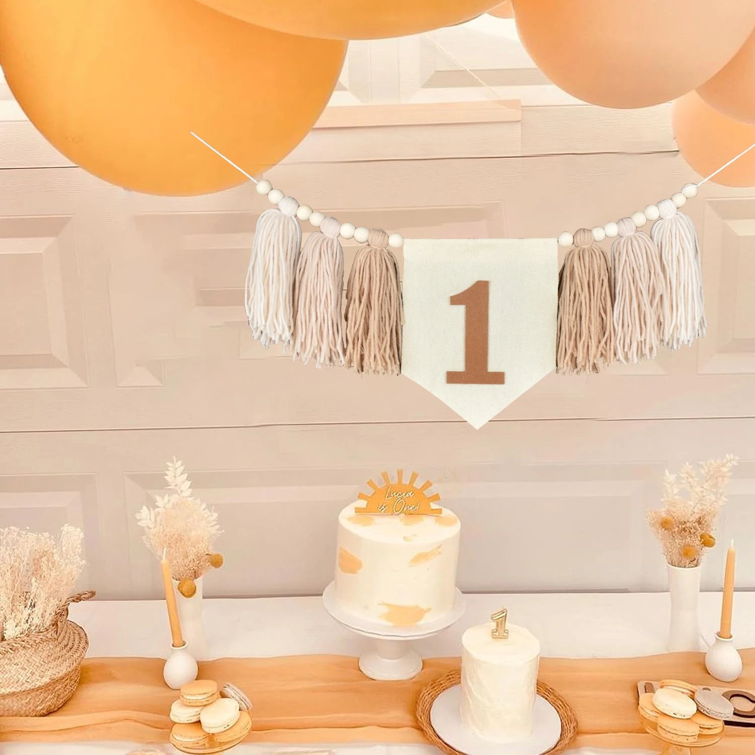 🎉🤍🌿 Boho First Birthday High Chair Banner – Wooden Bead & Tassel Garland