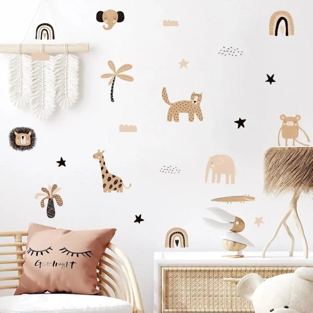 🌈⭐🐻 Boho Rainbow & Woodland Friends Wall Decals – Watercolor Nursery Wall Art