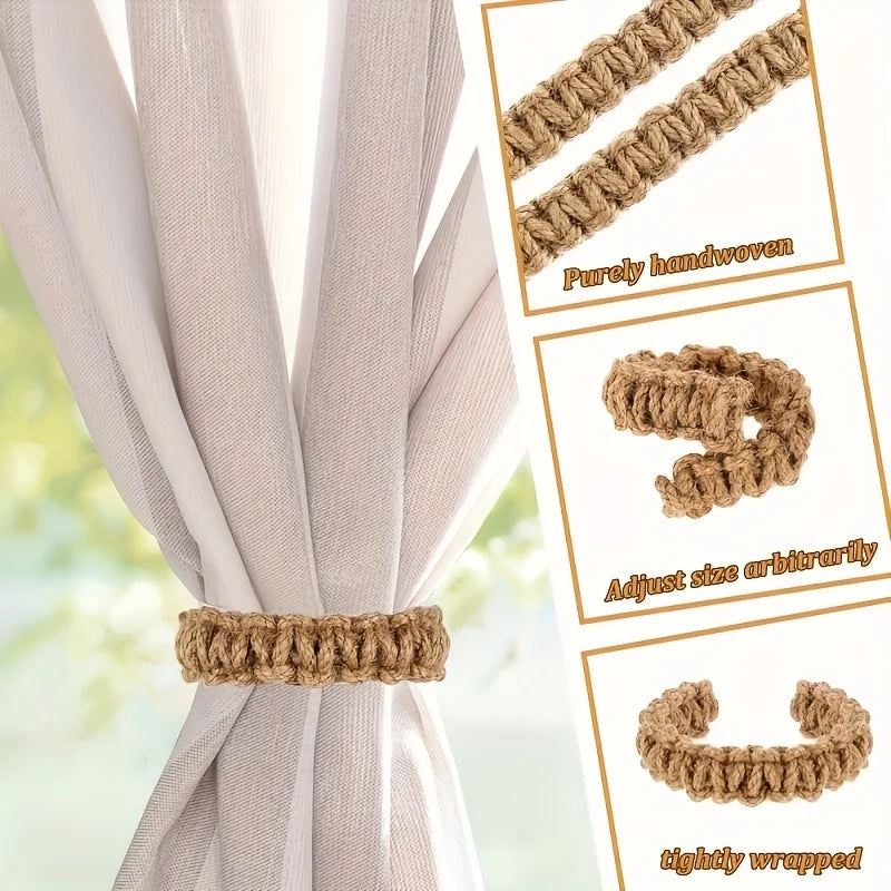 🌿🤍 Boho Rope Curtain Tiebacks – Handwoven Linen Curtain Holdbacks (Set of 8)