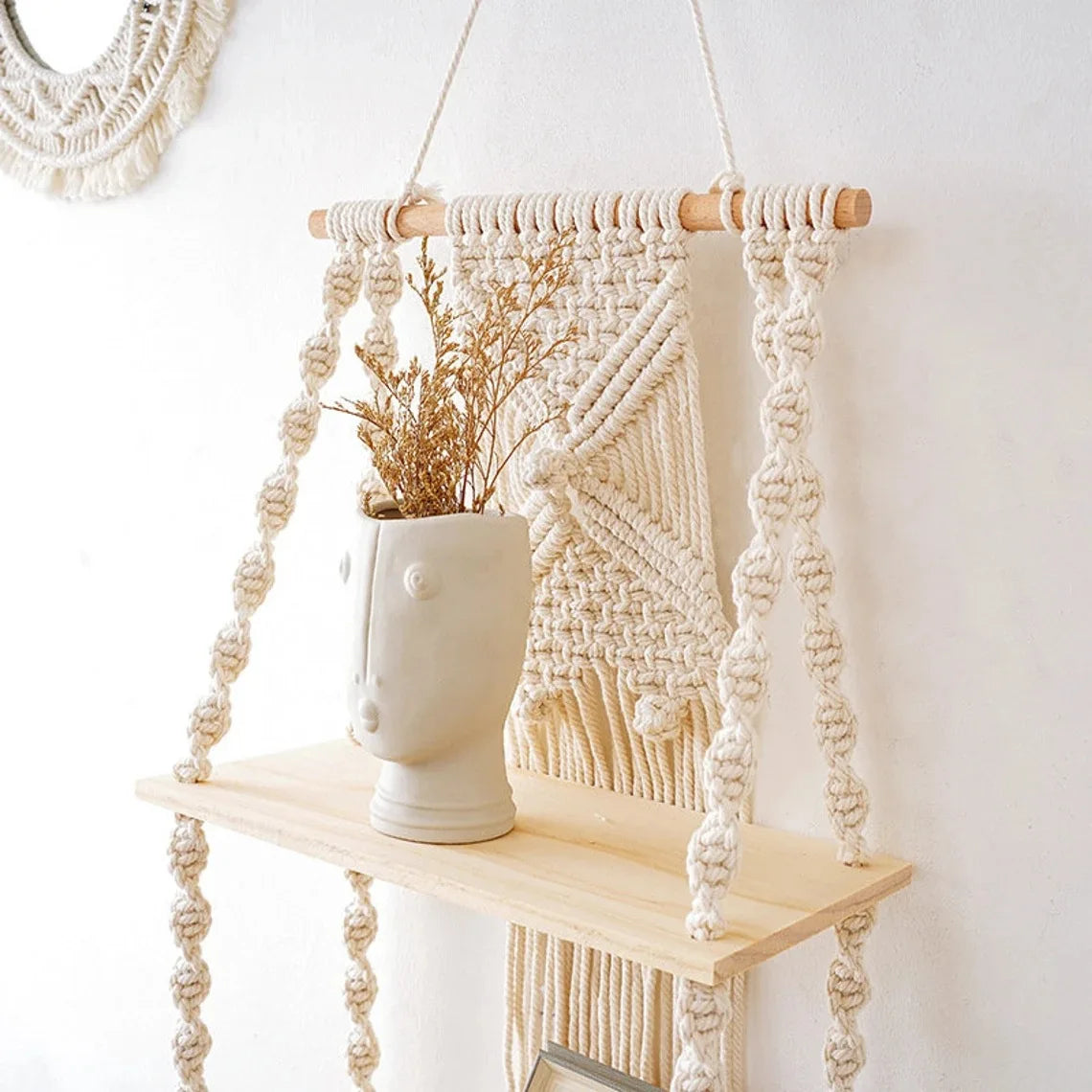 🌿🧺 Boho Macramé Wall Shelf – Handwoven Hanging Wooden Display Shelf
