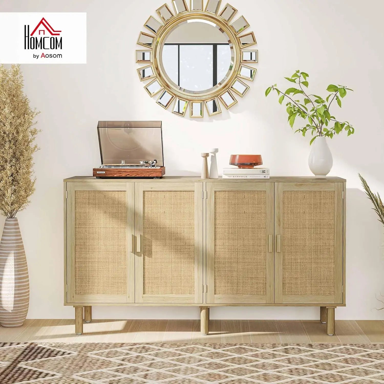 🌿🤍 Boho Rattan Sideboard Cabinet – Farmhouse Coffee Bar & Storage Console
