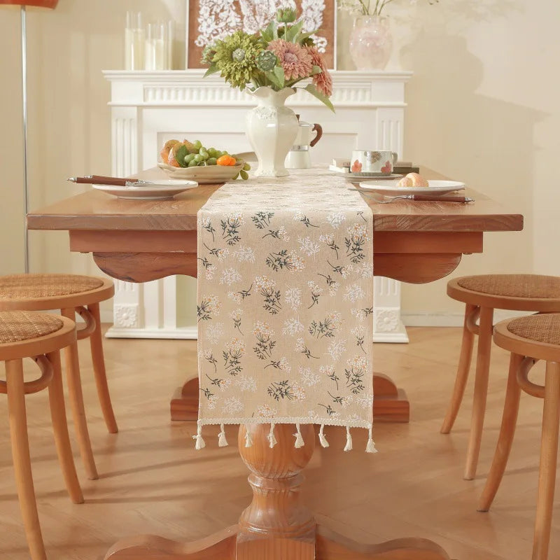 🌿🤍 Boho Embroidered Table Runner – Handmade Jacquard Table Linen