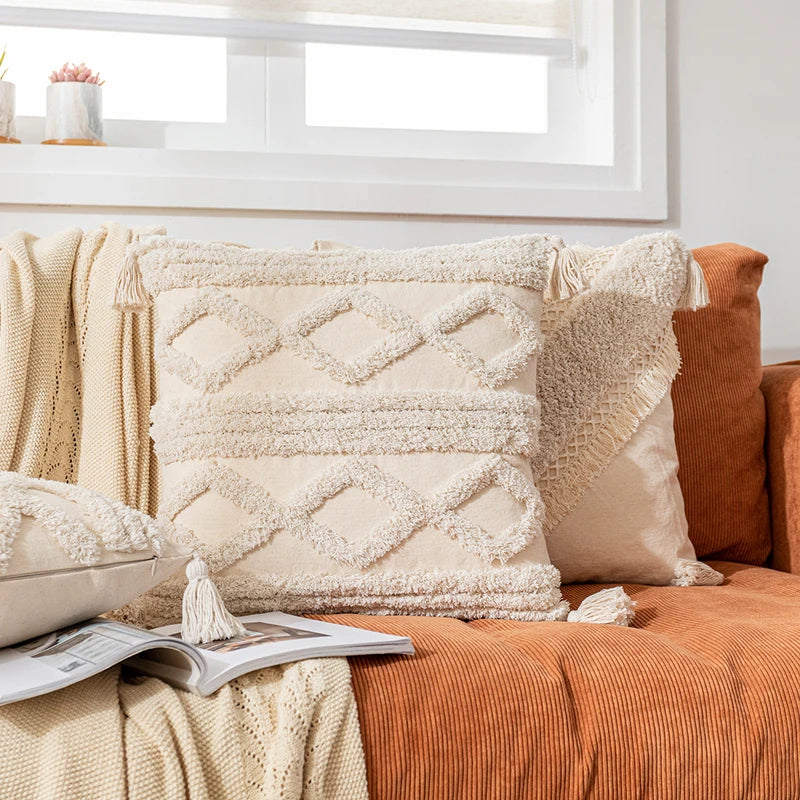 🌿🤍 Boho Cotton Tassel Pillow Cover – Natural Decorative Throw Cushion