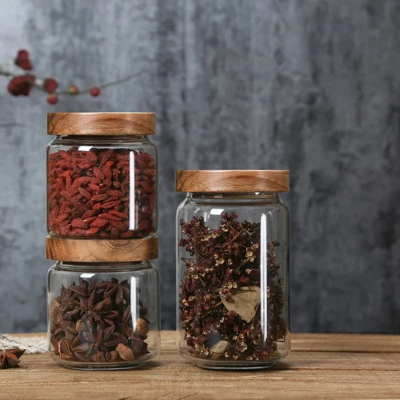 🌿 Airtight Glass Pantry Canister with Wooden Lid – Kitchen Storage Jar