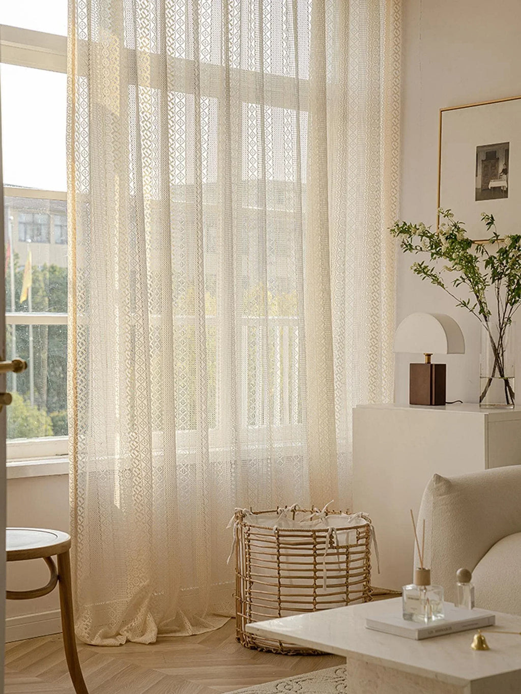 🌿🤍 Boho Geometric Sheer Curtains – Vintage Beige Voile Window Panels