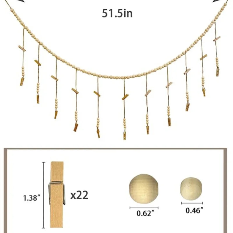 📸🌿🤍 Boho Wooden Bead Photo Garland – Hanging Wall Display with Photo Clips