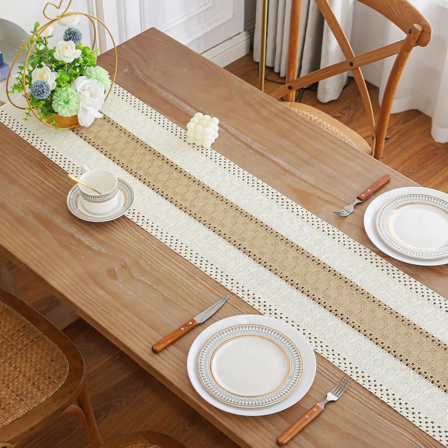 🌿🤍 Boho Linen Table Runner – Rustic Macramé Tassel Dining Table Linen