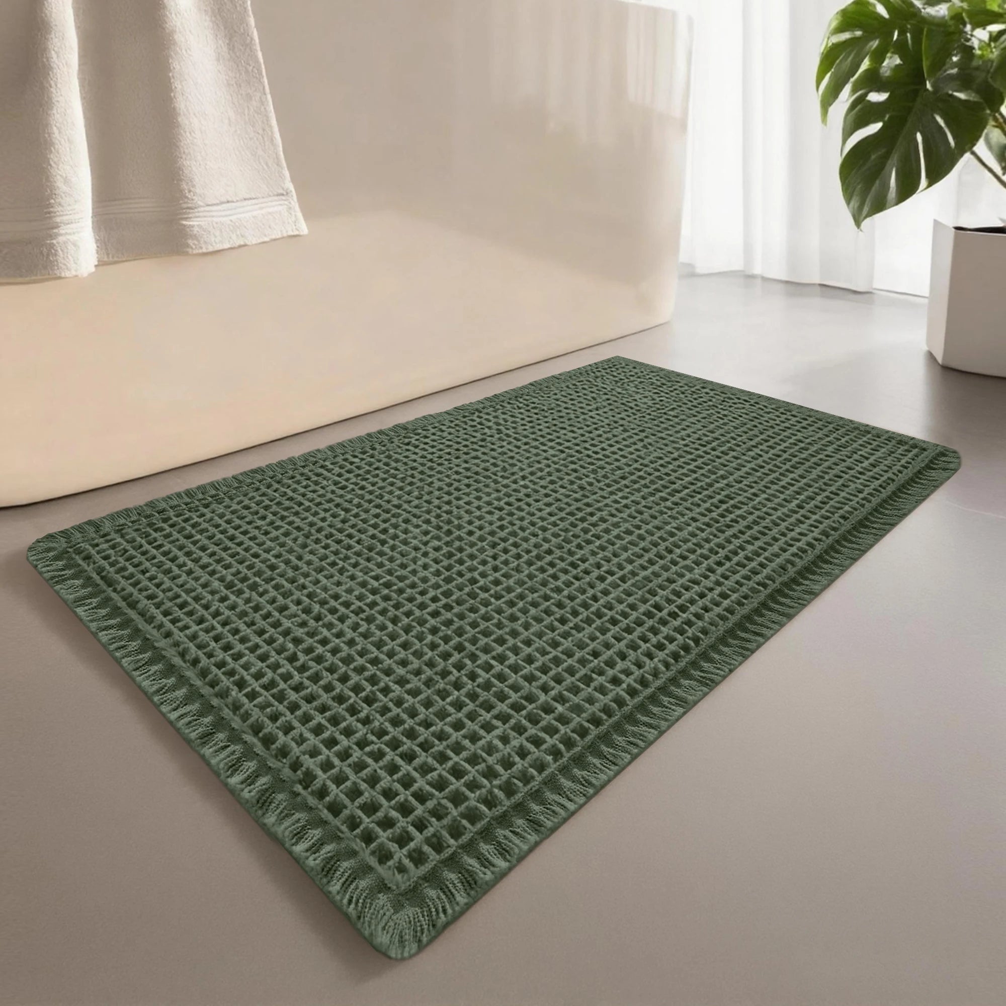 🛁🌿🤍 Boho Waffle Bath Mat – Ultra-Absorbent Non-Slip Bathroom Rug