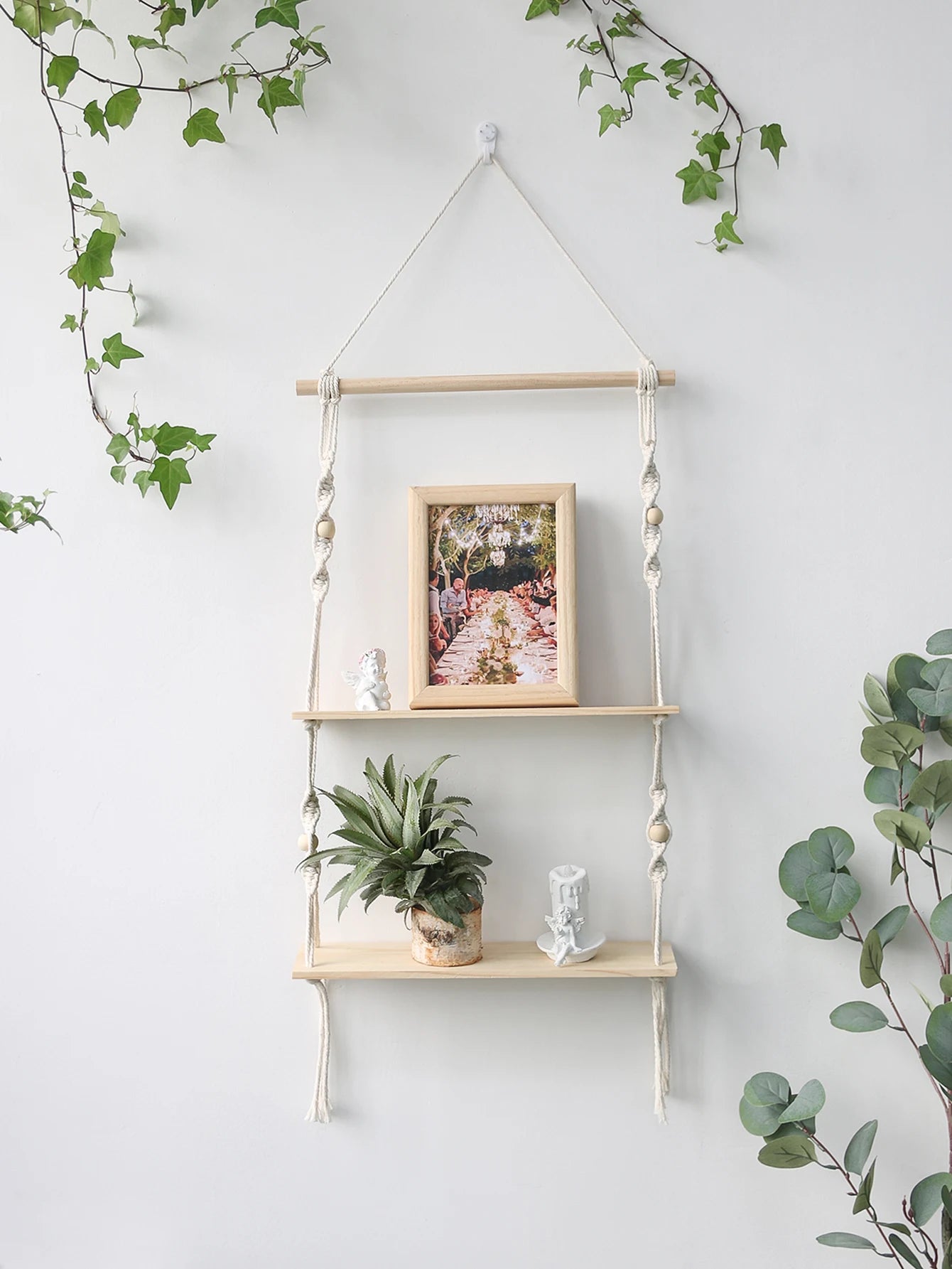 🌿🧺 Boho Macramé Floating Wall Shelf – Handwoven Wooden Hanging Display Shelf