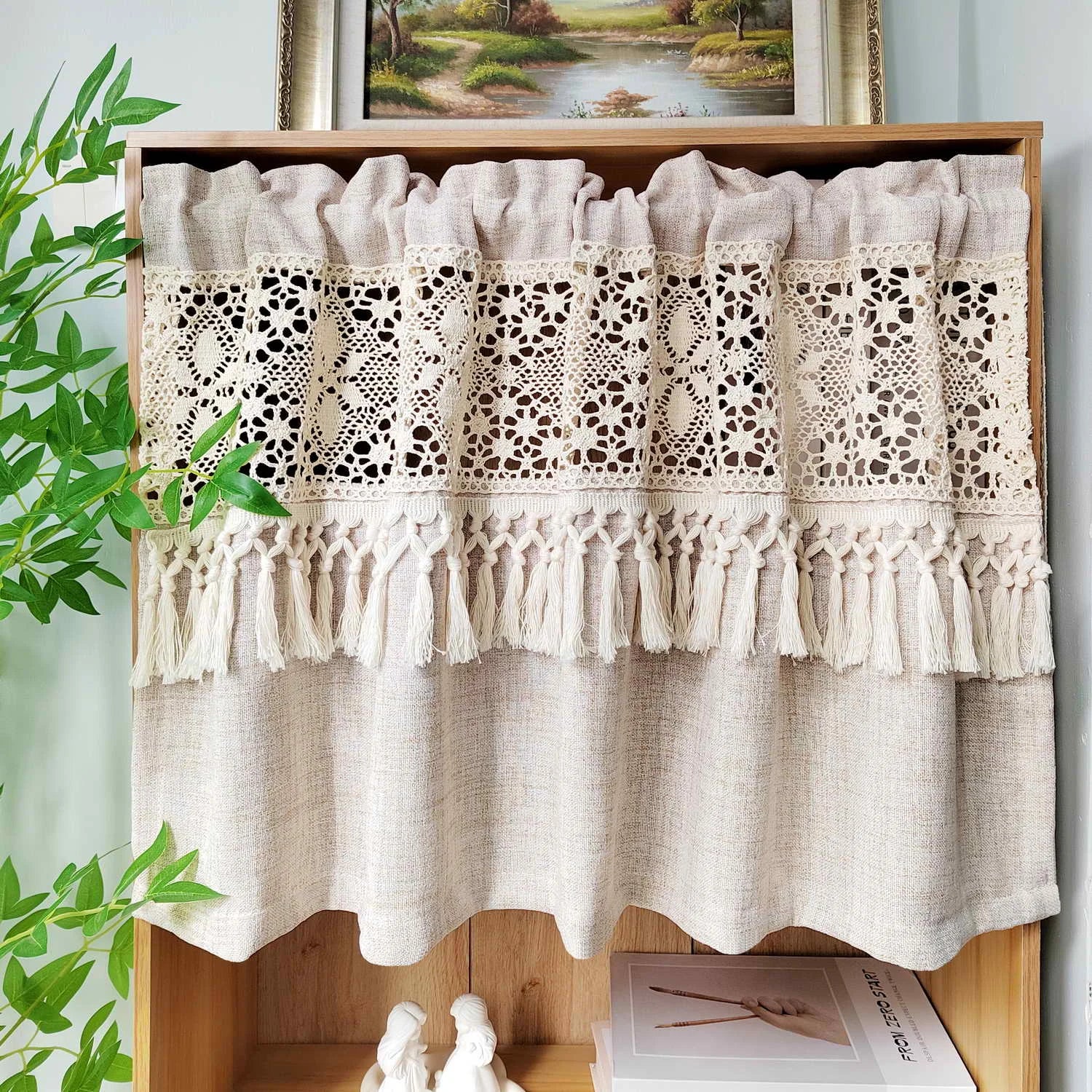 🌿🤍 Boho Tassel Café Curtain – Crochet Geometric Semi-Sheer Window Panel