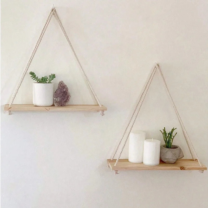 🌿 Boho Hanging Rope Shelf – Floating Wooden Wall Shelf for Plants & Home Décor
