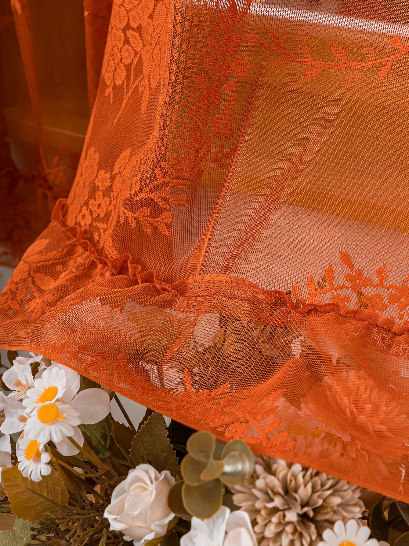 🌿🧡 Boho Floral Lace Valance Curtain – Semi-Sheer Light Filtering Window Treatment