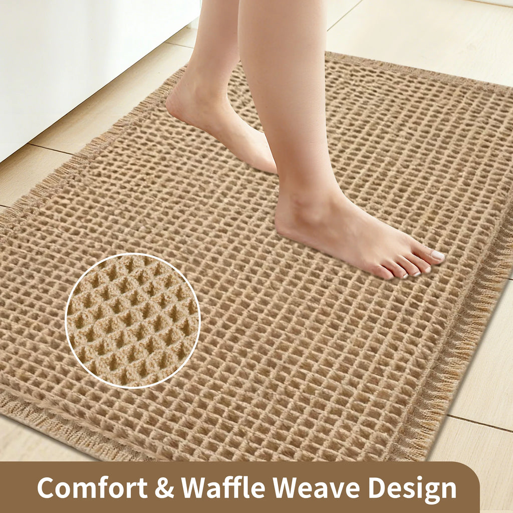 🛁🌿🤍 Boho Waffle Bath Mat – Ultra-Absorbent Non-Slip Bathroom Rug