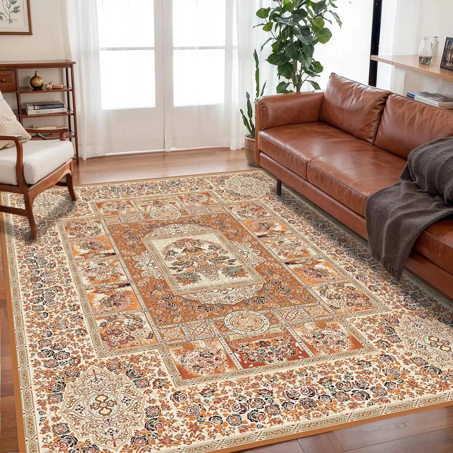 🌿🤍 Boho Non-Slip Area Rug – Soft Easy-Care Living Room & Bedroom Carpet