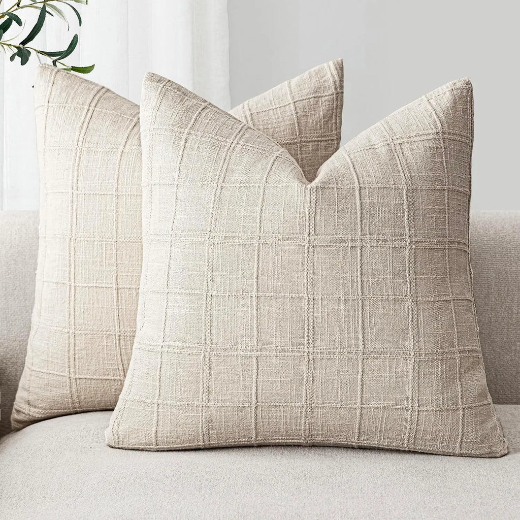 🌿🤍 Natural Linen Check Pillow Cover – Boho Farmhouse Decorative Cushion