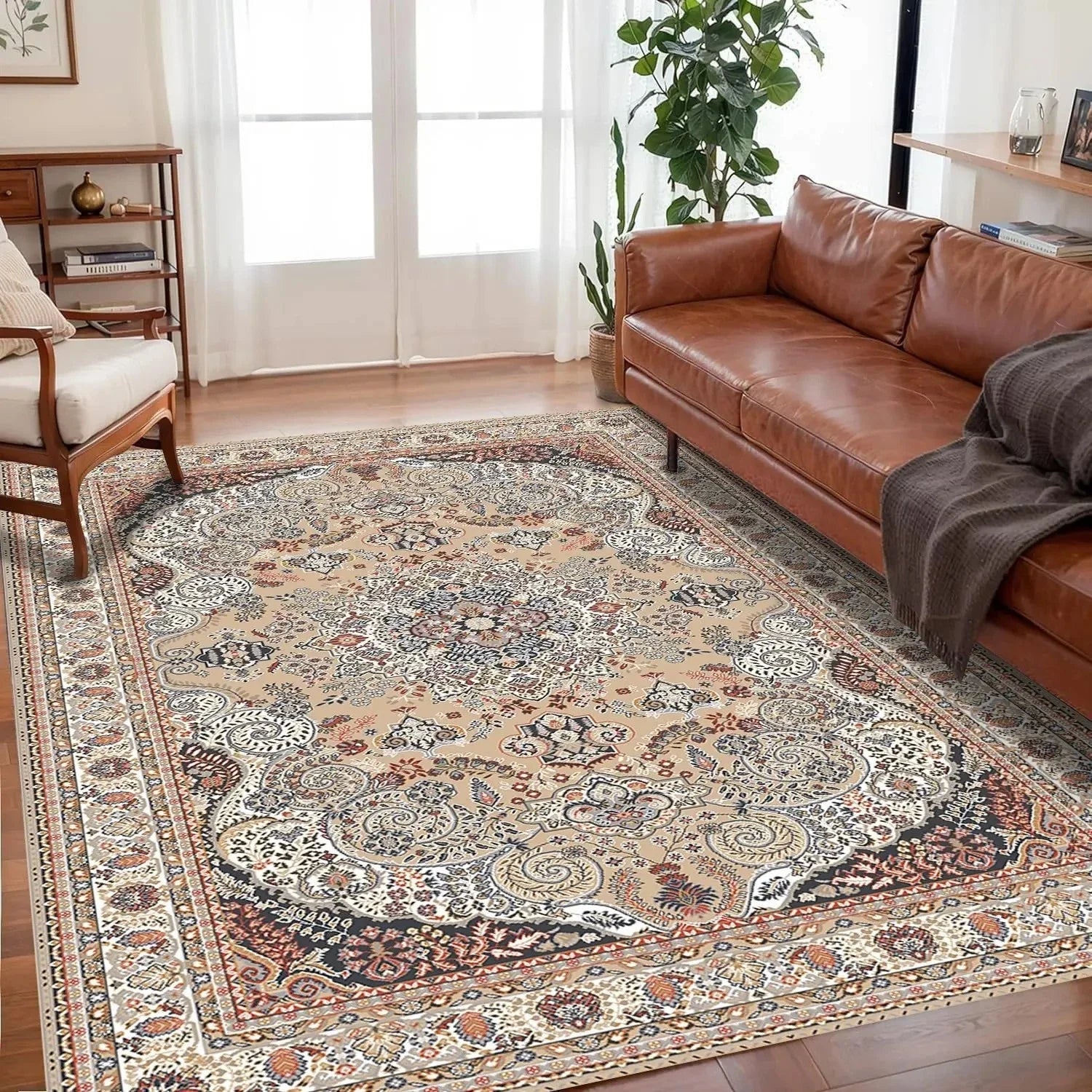 🌿🤍 Boho Non-Slip Area Rug – Soft Easy-Care Living Room & Bedroom Carpet