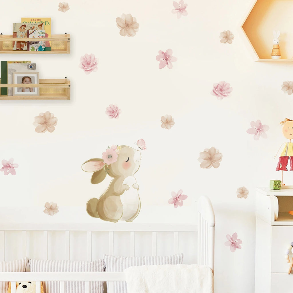 🐰🦋🌸🤍 Boho Bunny Garden Wall Decals – Peel & Stick Nursery Wall Art