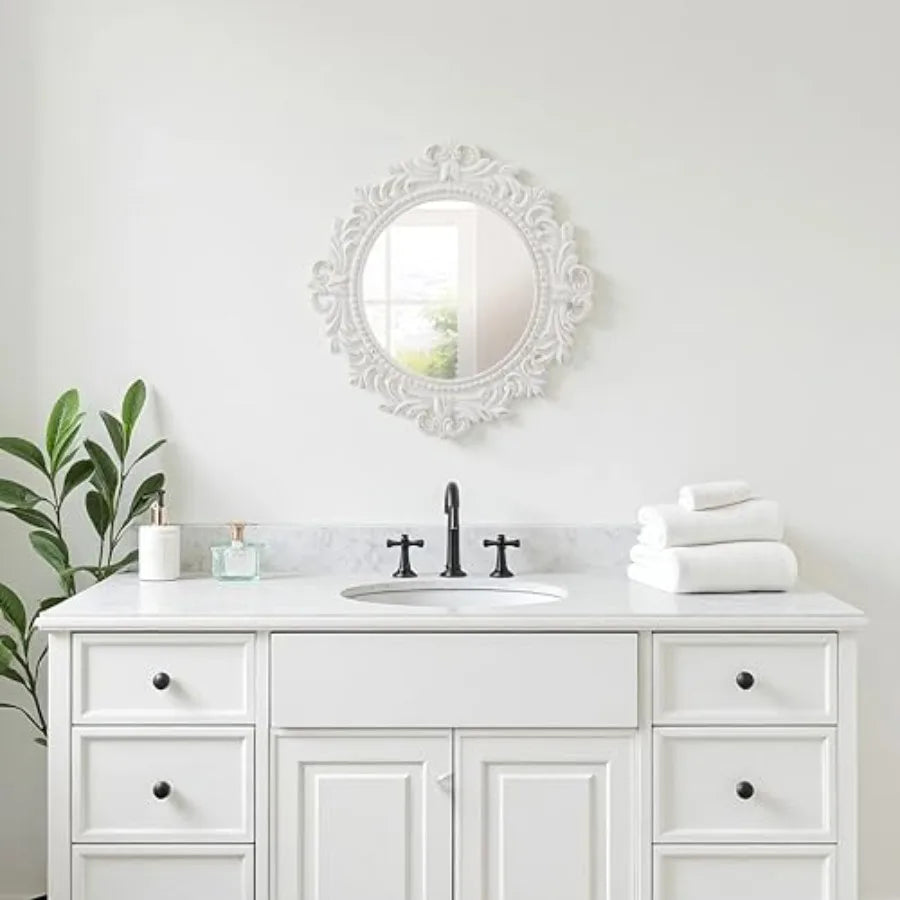 Vintage White Fleur-De-Lis Wall Mirror – Distressed Round Wood Accent Mirror