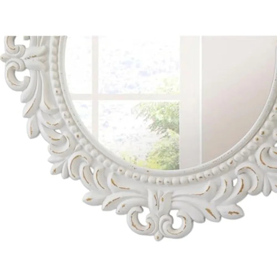 Vintage White Fleur-De-Lis Wall Mirror – Distressed Round Wood Accent Mirror