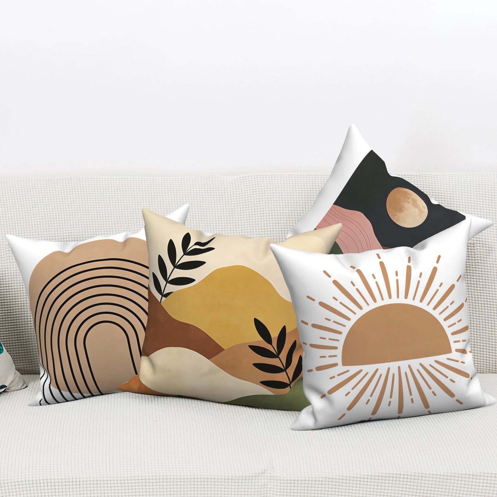 ☀️🌙🏔️ Boho Sun, Moon & Mountain Pillow Cover Set – Modern Abstract Throw Cushions (Set of 4)