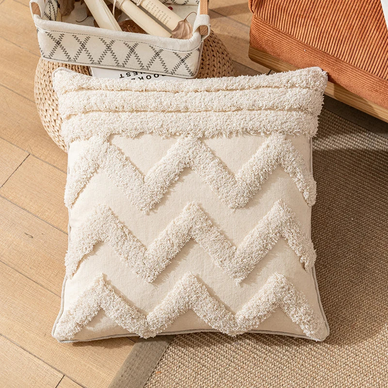 🌿🤍 Boho Cotton Tassel Pillow Cover – Natural Decorative Throw Cushion