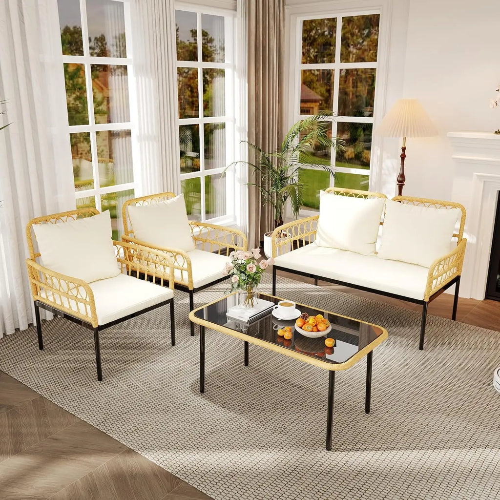 Boho Wicker Patio Conversation Set – 4-Piece All-Weather Outdoor Furniture Collection