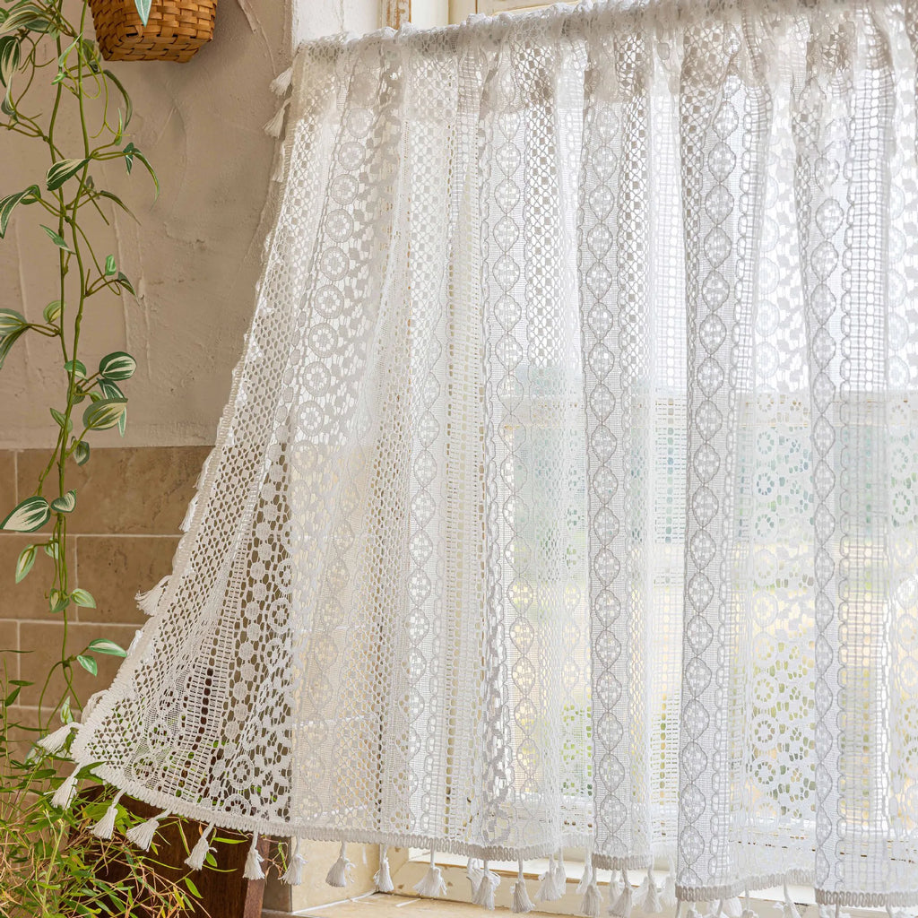 🌿🤍 Boho Lace Café Curtain – Tassel Short Window Curtain with Circular Pattern