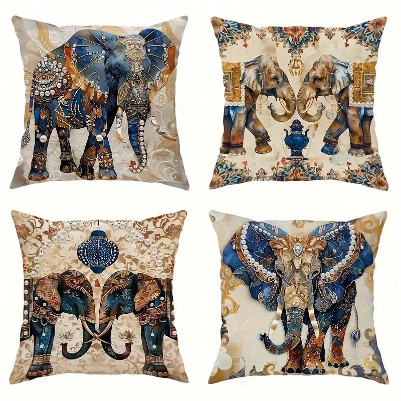 🐘🌿 Boho Elephant Pillow Cover Set – Floral Decorative Throw Cushions (Set of 4)
