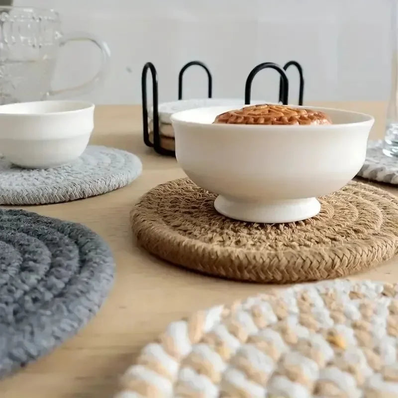 ☕🌿🤍 Boho Woven Cotton Coasters – Absorbent Drink Coasters (Set of 8)