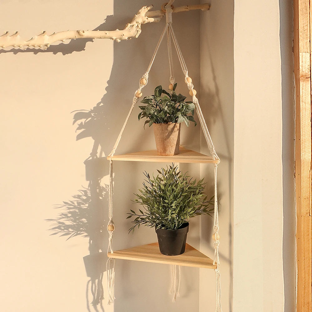 🌿🪵🤍 Boho Floating Corner Wall Shelf – Wooden Triangle Display Shelf