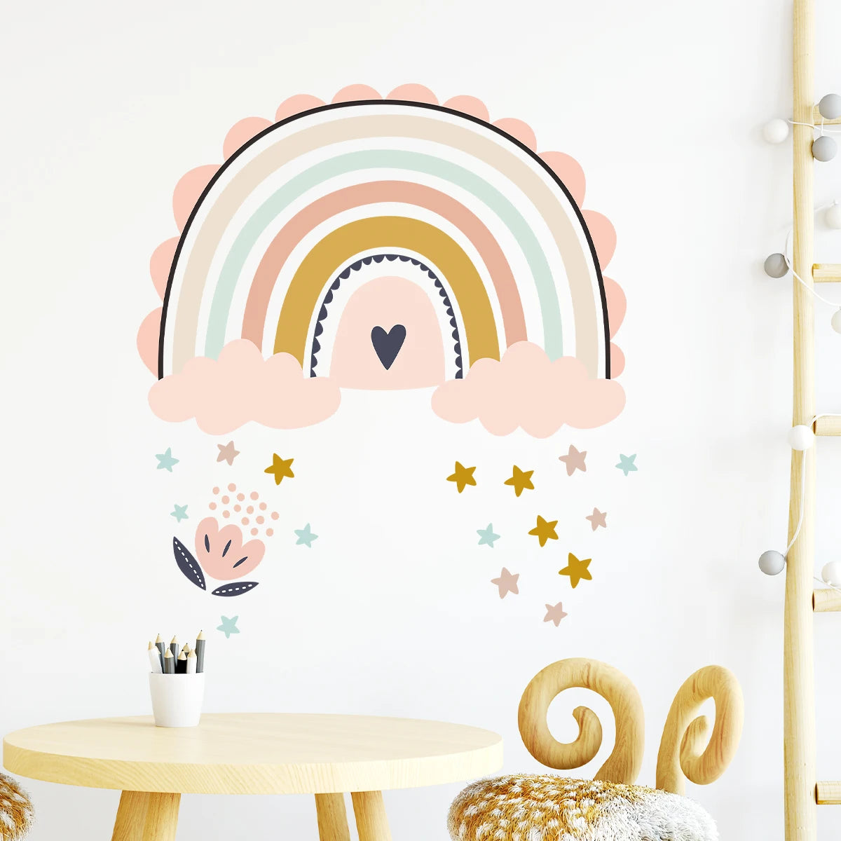 🌈☀️🤍 Boho Rainbow & Sun Wall Decals – Peel & Stick Nursery Wall Art (Set of 3)