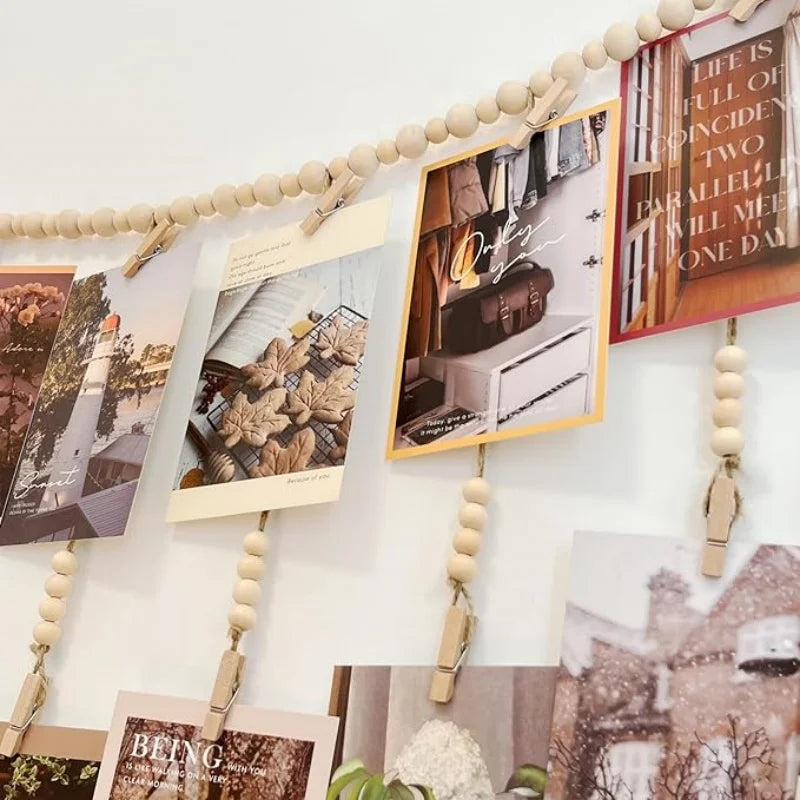 📸🌿🤍 Boho Wooden Bead Photo Garland – Hanging Wall Display with Photo Clips