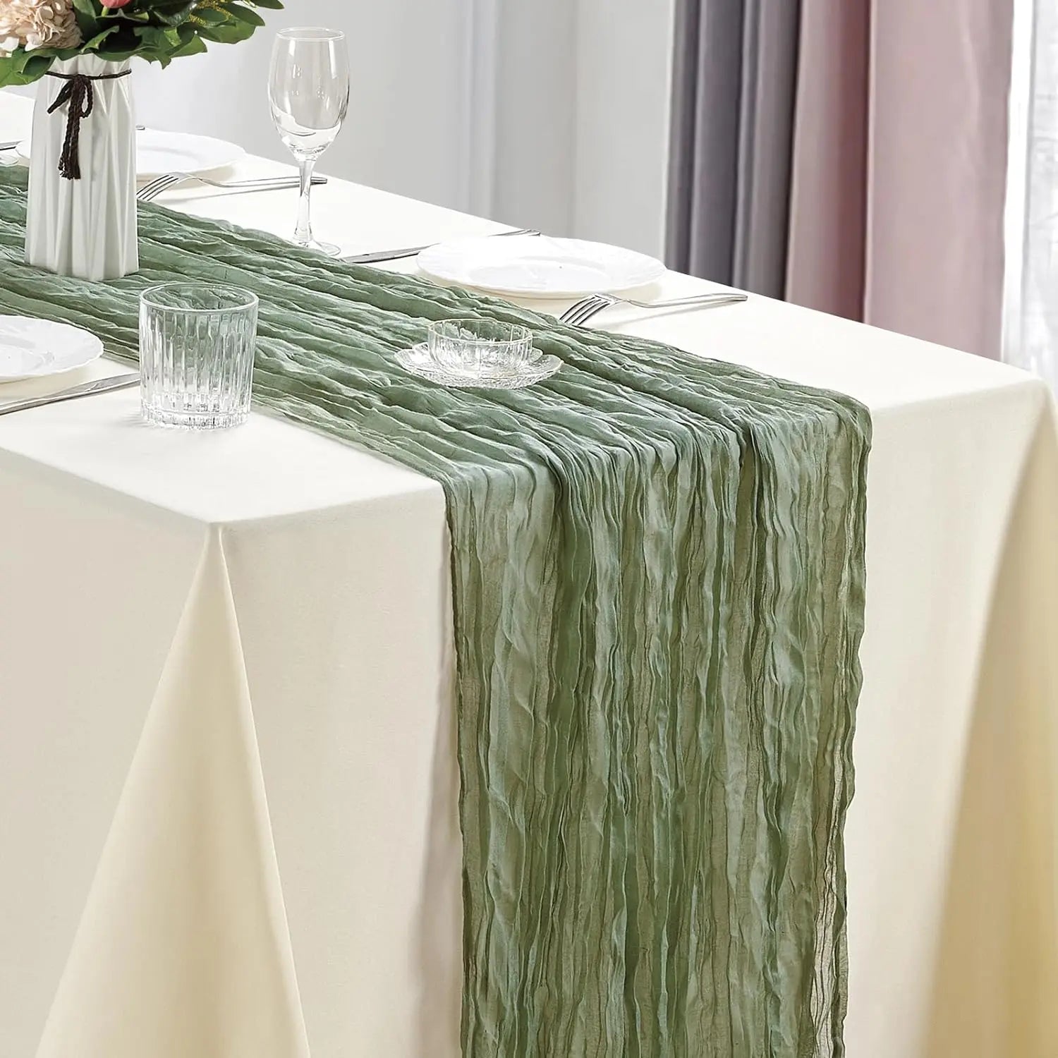 🤍🌾 Boho Cheesecloth Table Runner Set – Rustic Gauze Table Décor (10 Pieces)