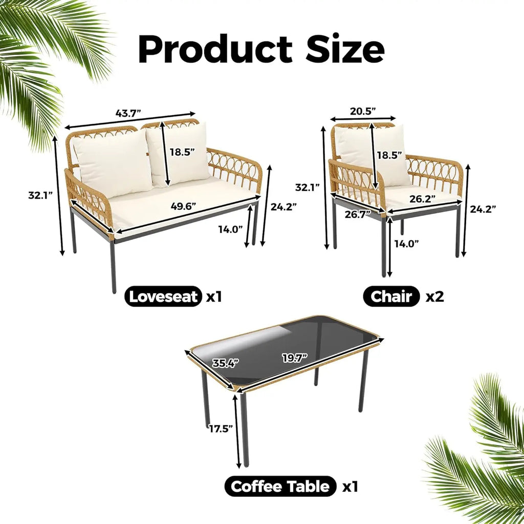 Boho Wicker Patio Conversation Set – 4-Piece All-Weather Outdoor Furniture Collection