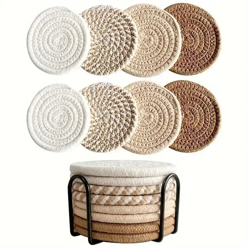 ☕🌿🤍 Boho Woven Cotton Coasters – Absorbent Drink Coasters (Set of 8)