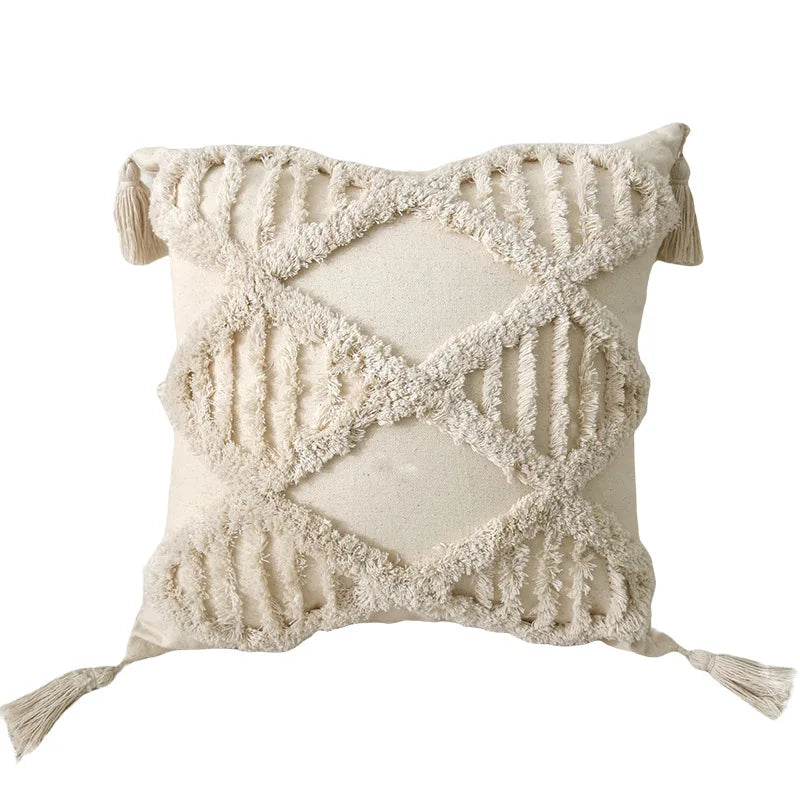 🌿🤍 Boho Tufted Lumbar Pillow Cover – Moroccan Embroidered Accent Cushion