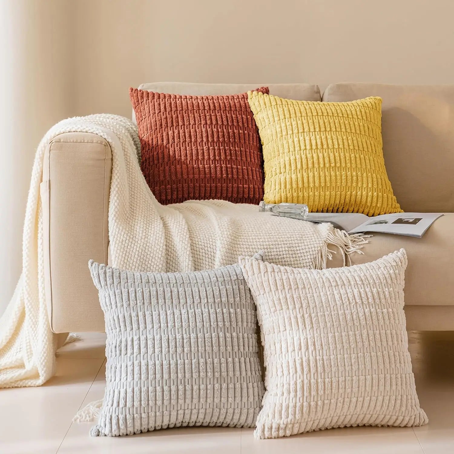🌿🤍 Boho Corduroy Striped Pillow Cover – Soft Decorative Throw Cushion