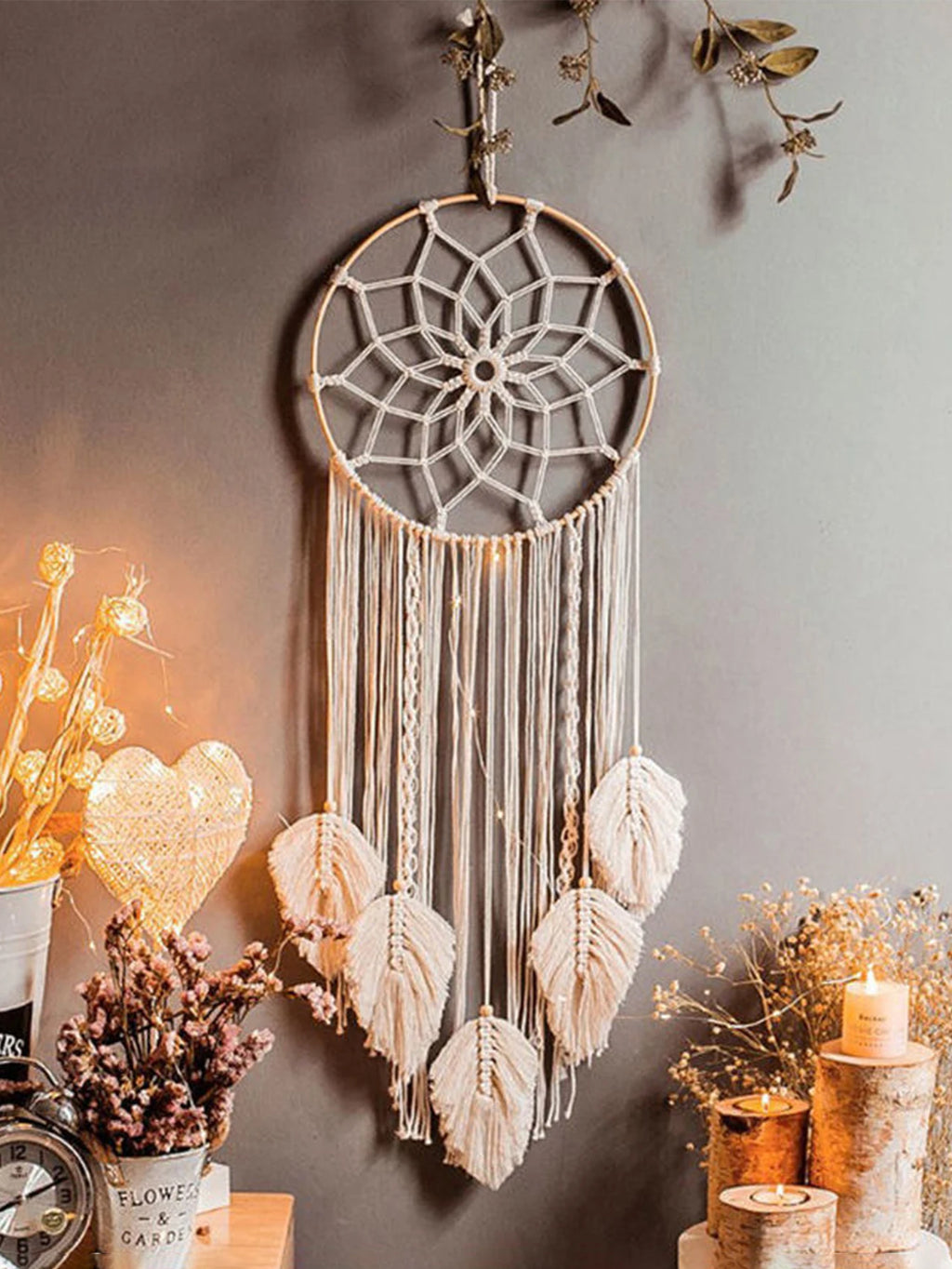 🌿🍃🤍 Boho Macramé Dream Catcher – Handwoven Leaf Wall Hanging