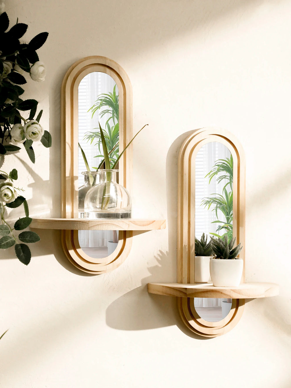 🌿🪞🤍 Boho Wooden Wall Shelf with Mirror – Natural Wood Floating Display Shelf
