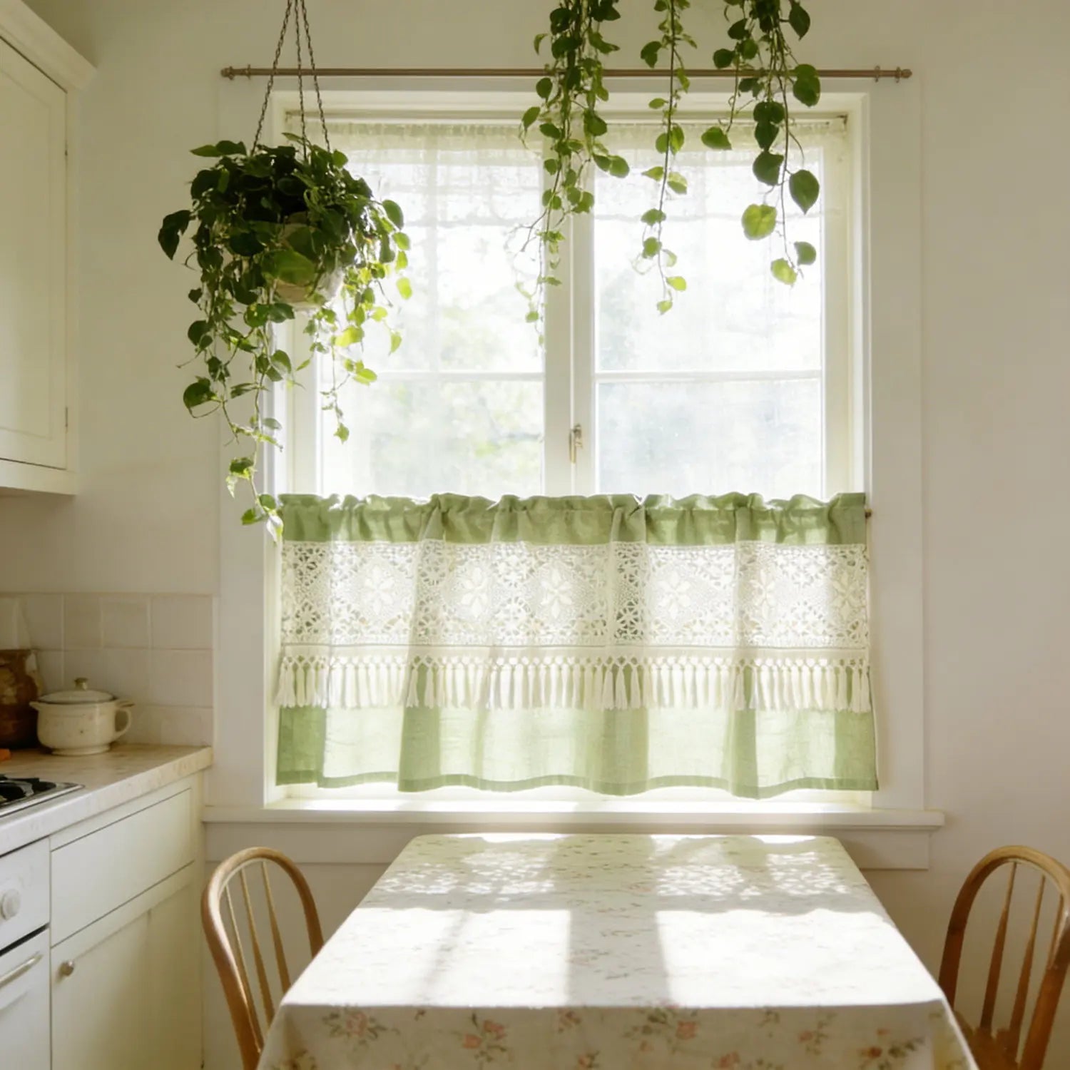 🌿🤍 Boho Tassel Café Curtain – Crochet Geometric Semi-Sheer Window Panel