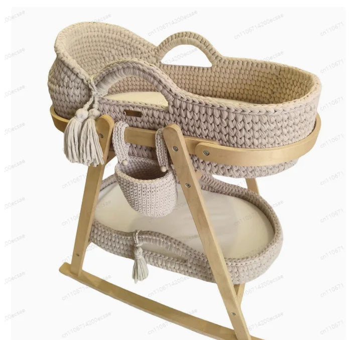 🤍🌿 Handwoven Crochet Moses Basket – Boho Baby Bassinet with Wooden Stand
