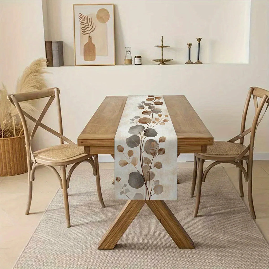 🌿🤍 Boho Eucalyptus Table Runner – Linen Botanical Dining Table Décor