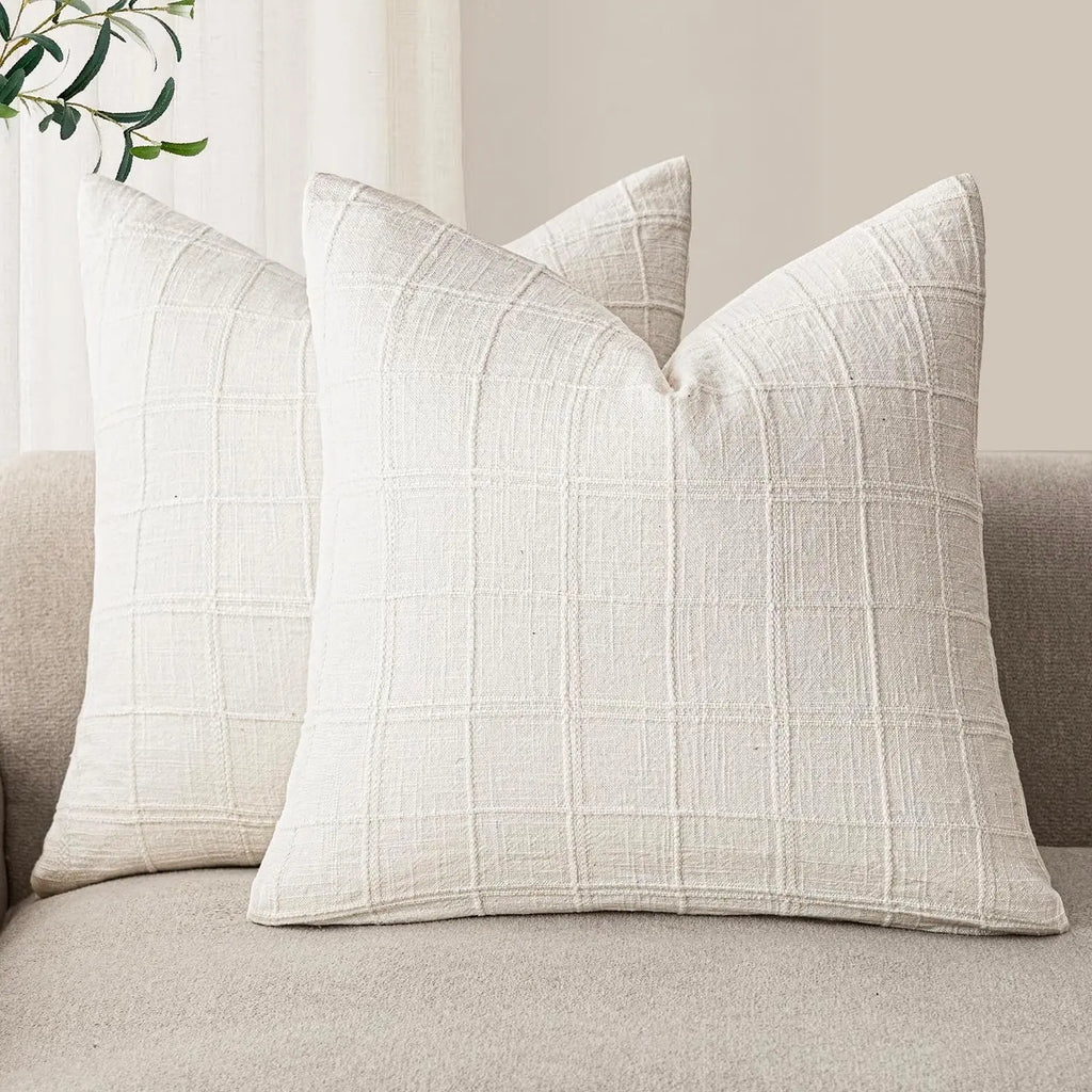 🌿🤍 Natural Linen Check Pillow Cover – Boho Farmhouse Decorative Cushion